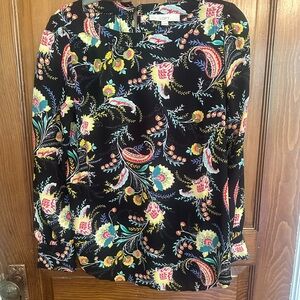 LOFT Black Floral Blouse with Multicolor Design